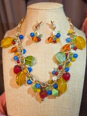 Vintage Fruit Salad Necklace Earrings Set Handmade Art Glass Murano Gold Tone